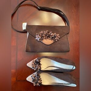 NWT Matching Suede Floral (Clutch or Shoulder) Bag and Shoes 11M
